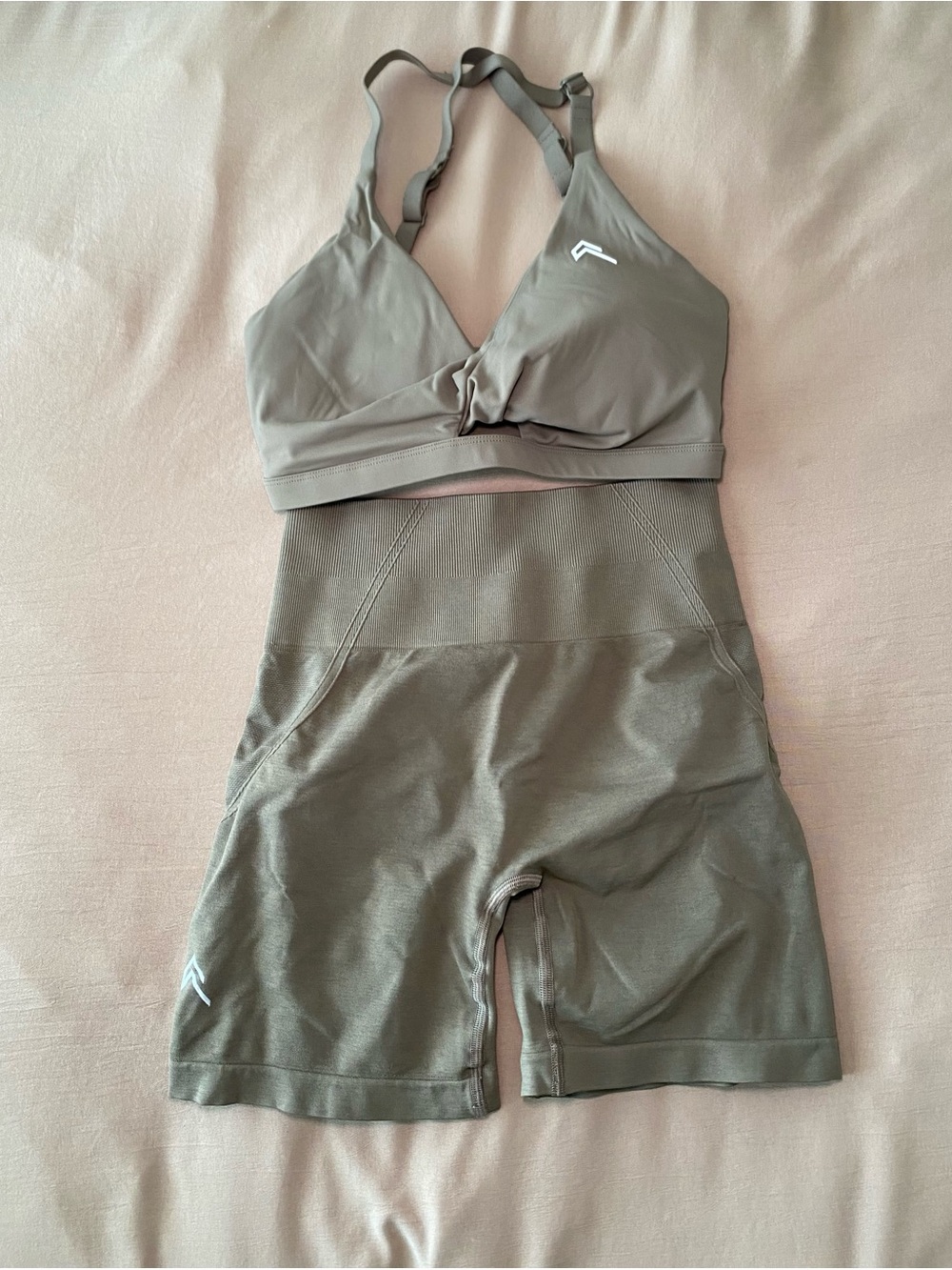 Oner Active Taupe Sports Bra & High Waisted Biker Shorts Set Small